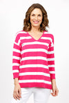 Ten Oh 8 Wide Stripe Sweater in Hot Pink/White. V neck 3/4 sleeve sweater with drop shoulders. Front raised center seam. Solid rib trim at neck, hem and cuff. Relaxed fit._t_35088093348040