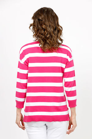 Ten Oh 8 Wide Stripe Sweater in Hot Pink/White. V neck 3/4 sleeve sweater with drop shoulders. Front raised center seam. Solid rib trim at neck, hem and cuff. Relaxed fit._35088093380808