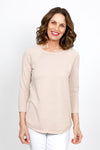 Ten Oh 8 Round Neck Raglan Sweater in Sand. Raglan sleeve round neck knit with 3/4 sleeve. Curved hem. Relaxed fit._t_35432687829192