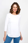 Ten Oh 8 Round Neck Raglan Sweater in White. Raglan sleeve round neck knit with 3/4 sleeve. Curved hem. Relaxed fit._t_35432688058568
