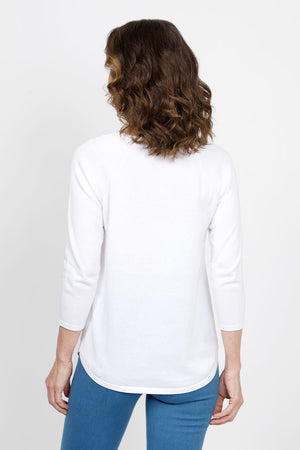 Ten Oh 8 Round Neck Raglan Sweater in White. Raglan sleeve round neck knit with 3/4 sleeve. Curved hem. Relaxed fit._35432687927496