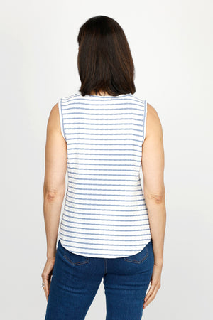 Top Ligne Pucker Stripe Scoop Tank in Denim/White.  Horizontal stripe tank with scoop front.  Banded neckline and armhole.  Curved hem.  Relaxed fit._60266830102894