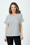 Top Ligne Pucker Stripe Dolman Tee in Black/White.  Crew neck horizontal stripe tee with dolman short sleeve and vertical stripe cuff.  Single front breast patch pocket with vertical stripe.  Relaxed fit._t_60243151028590
