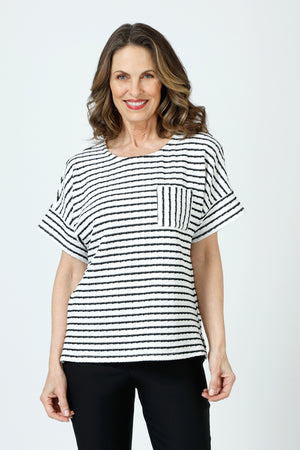 Top Ligne Pucker Stripe Dolman Tee in Black/White.  Crew neck horizontal stripe tee with dolman short sleeve and vertical stripe cuff.  Single front breast patch pocket with vertical stripe.  Relaxed fit._60243151028590