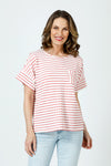 Top Ligne Pucker Stripe Dolman Tee in Coral/White.  Crew neck horizontal stripe tee with dolman short sleeve and vertical stripe cuff.  Single front breast patch pocket with vertical stripe.  Relaxed fit._t_60243151094126