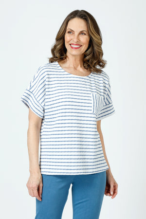 Top Ligne Pucker Stripe Dolman Tee in Denim/White.  Crew neck horizontal stripe tee with dolman short sleeve and vertical stripe cuff.  Single front breast patch pocket with vertical stripe.  Relaxed fit._60243151192430