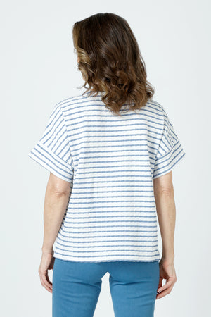 Top Ligne Pucker Stripe Dolman Tee in Denim/White.  Crew neck horizontal stripe tee with dolman short sleeve and vertical stripe cuff.  Single front breast patch pocket with vertical stripe.  Relaxed fit._60243151225198