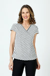 Top Ligne Pucker Stripe Cap Sleeve Surplice Top in Black/White.  Textured stripe v neck with diagonal striped surplice front.  Horizontal stripe back.  Ruch detail at sides.  Cap sleeve.  Relaxed fit._t_60254389141870