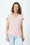 Top Ligne Pucker Stripe Cap Sleeve Surplice Top in Coral/White.  Textured stripe v neck with diagonal striped surplice front.  Horizontal stripe back.  Ruch detail at sides.  Cap sleeve.  Relaxed fit._t_60254389109102