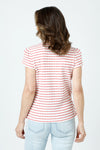 Top Ligne Pucker Stripe Cap Sleeve Surplice Top in Coral/White.  Textured stripe v neck with diagonal striped surplice front.  Horizontal stripe back.  Ruch detail at sides.  Cap sleeve.  Relaxed fit._t_60254389076334