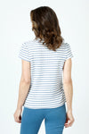 Top Ligne Pucker Stripe Cap Sleeve Surplice Top in Denim/White.  Textured stripe v neck with diagonal striped surplice front.  Horizontal stripe back.  Ruch detail at sides.  Cap sleeve.  Relaxed fit._t_60254389043566
