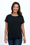 Top Ligne Button Back Top in Black. Crew neck gently crinkled lightweight top with dolman short cuffed sleeve. Curved hem. A line shape. Relaxed fit._t_34767573188808