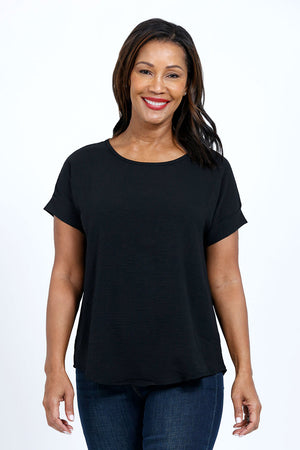 Top Ligne Button Back Top in Black. Crew neck gently crinkled lightweight top with dolman short cuffed sleeve. Curved hem. A line shape. Relaxed fit._34767573188808
