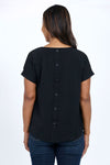 Top Ligne Button Back Top in Black. Crew neck gently crinkled lightweight top with dolman short cuffed sleeve. Curved hem. A line shape. Relaxed fit._t_34767573024968