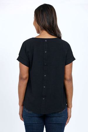 Top Ligne Button Back Top in Black. Crew neck gently crinkled lightweight top with dolman short cuffed sleeve. Curved hem. A line shape. Relaxed fit._34767573024968