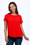 Top Ligne Button Back Top in Red. Crew neck gently crinkled lightweight top with dolman short cuffed sleeve. Curved hem. A line shape. Relaxed fit._t_34767572992200