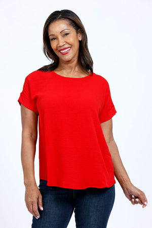 Top Ligne Button Back Top in Red. Crew neck gently crinkled lightweight top with dolman short cuffed sleeve. Curved hem. A line shape. Relaxed fit._34767572992200