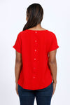 Top Ligne Button Back Top in Red. Crew neck gently crinkled lightweight top with dolman short cuffed sleeve. Curved hem. A line shape. Relaxed fit._t_34767573221576