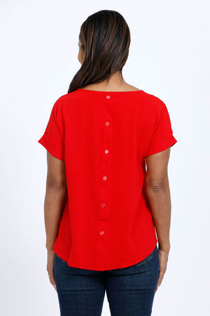 Top Ligne Button Back Top in Red. Crew neck gently crinkled lightweight top with dolman short cuffed sleeve. Curved hem. A line shape. Relaxed fit._34767573221576