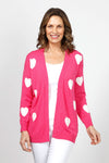 Ten Oh 8 Hearts Cardigan in Pink with White Hearts. Open cardigan with long sleeves. Rib trim at cuff and hem. Relaxed fit._t_35048181661896