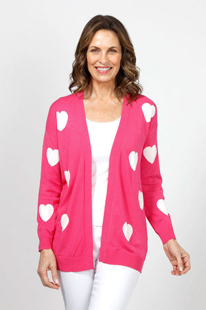 Ten Oh 8 Hearts Cardigan in Pink with White Hearts. Open cardigan with long sleeves. Rib trim at cuff and hem. Relaxed fit._35048181661896