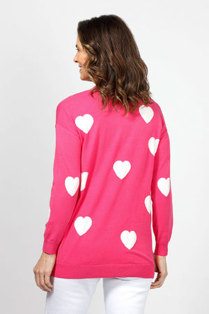 Ten Oh 8 Hearts Cardigan in Pink with White Hearts. Open cardigan with long sleeves. Rib trim at cuff and hem. Relaxed fit._35048181629128