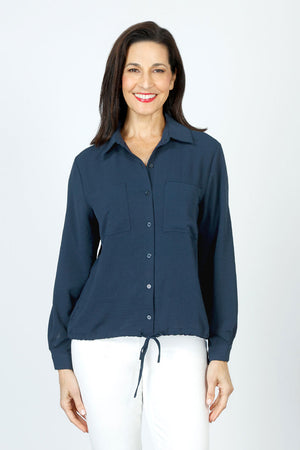 Top Ligne  Pocket Tie Blouse in Indigo.  Pointed collar button down with cinch tie at hem.  Long sleeves with button cuff.  Relaxed fit._60711634731374