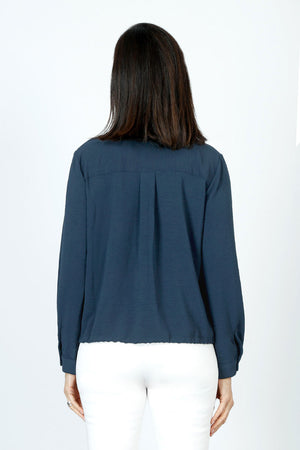 Top Ligne  Pocket Tie Blouse in Indigo.  Pointed collar button down with cinch tie at hem.  Long sleeves with button cuff.  Relaxed fit._60711634633070