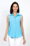 Top Ligne Sleeveless Button Down in Aqua. Lightly textured button down top with pointed collar. Curved hem. Relaxed fit._t_35333685117128