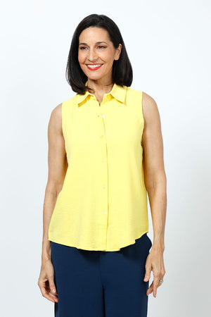 Top Ligne Sleeveless Button Down in Yellow.  Lightly textured button down top with pointed collar.  Curved hem.  Relaxed fit._35202182021320