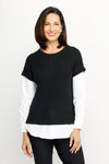 Ten Oh 8 Combo Sweater Vest & Shirt in Black with White shirting.  Black crew neck sweater vest with short sleeves.  Attached white shirting below sweater hem with curved hem and back vent.  Long sleeves with button cuff.  Relaxed fit._t_61551740748142