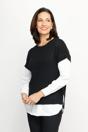 Ten Oh 8 Combo Sweater Vest & Shirt in Black with White shirting.  Black crew neck sweater vest with short sleeves.  Attached white shirting below sweater hem with curved hem and back vent.  Long sleeves with button cuff.  Relaxed fit._61551740780910