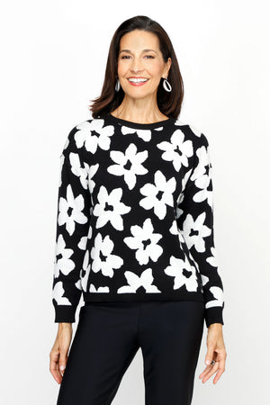 Ten Oh 8 Flower Stamp Crew in Black with white intarsia flowers.  Crew neck long sleeve sweater with solid rib trim at neck, hem and cuff.  Relaxed fit._61226331832686