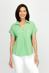 Top Ligne Airflow Collar Top in Green. Collared polo top with split v neck.  Short sleeve with cuff.  Back yoke with pleat.  Curved hem.  Relaxed fit._t_60216365023598