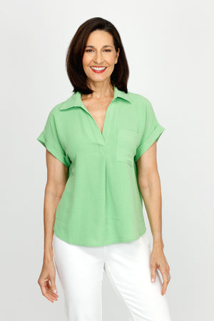 Top Ligne Airflow Collar Top in Green. Collared polo top with split v neck.  Short sleeve with cuff.  Back yoke with pleat.  Curved hem.  Relaxed fit._60216365023598