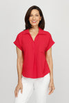 Top Ligne Airflow Collar Top in Red. Collared polo top with split v neck.  Short sleeve with cuff.  Back yoke with pleat.  Curved hem.  Relaxed fit._t_60216364826990