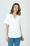 Top Ligne Airflow Bubble Sleeve Top in White.  Banded crew neck with split v placket.  Short bubble sleeves.  Curved hem.  A line shape. Relaxed fit._t_59981042712942