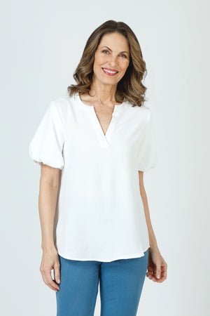 Top Ligne Airflow Bubble Sleeve Top in White.  Banded crew neck with split v placket.  Short bubble sleeves.  Curved hem.  A line shape. Relaxed fit._59981042712942