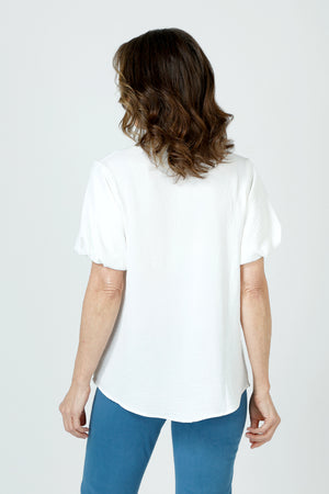 Top Ligne Airflow Bubble Sleeve Top in White.  Banded crew neck with split v placket.  Short bubble sleeves.  Curved hem.  A line shape. Relaxed fit._59981042680174