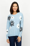 Ten Oh 8 Flower Crew Sweater in Blue.  Gray and white textured petals on front and sleeves on a heathered light blue background. Crew neck long sleeves sweater with rib trim on neck hem and cuff.  Relaxed fit._t_61226381508974