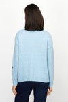 Ten Oh 8 Flower Crew Sweater in Blue.  Gray and white textured petals on front and sleeves on a heathered light blue background. Crew neck long sleeves sweater with rib trim on neck hem and cuff.  Relaxed fit._t_61226381541742