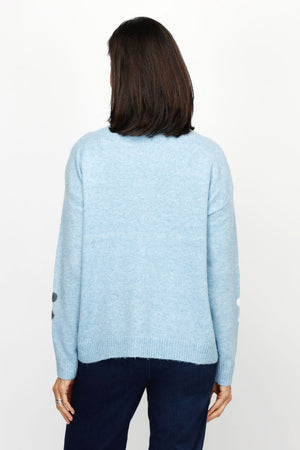 Ten Oh 8 Flower Crew Sweater in Blue.  Gray and white textured petals on front and sleeves on a heathered light blue background. Crew neck long sleeves sweater with rib trim on neck hem and cuff.  Relaxed fit._61226381541742