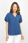 Top Ligne Airflow Button Front Top in Indigo.  Collared button down with notched v neck.  Short puffed sleeve.  Relaxed fit._t_60980249231726