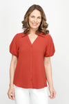 Top Ligne Airflow Button Front Top in Paprika.  Collared button down with notched v neck.  Short puffed sleeve.  Relaxed fit._t_60980249297262