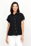 Top Ligne Airflow Contrast Stitch Short Sleeve Blouse in Black.  Pointed collar button down with rolled short sleeve and button tab detail.  Back yoke.  Gathered back. Relaxed fit._t_61184832176494