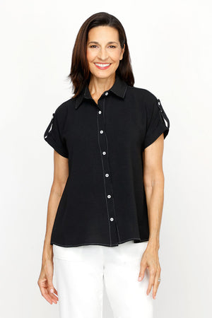 Top Ligne Airflow Contrast Stitch Short Sleeve Blouse in Black.  Pointed collar button down with rolled short sleeve and button tab detail.  Back yoke.  Gathered back. Relaxed fit._61184832176494