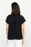 Top Ligne Airflow Contrast Stitch Short Sleeve Blouse in Black.  Pointed collar button down with rolled short sleeve and button tab detail.  Back yoke.  Gathered back. Relaxed fit._t_61184832209262