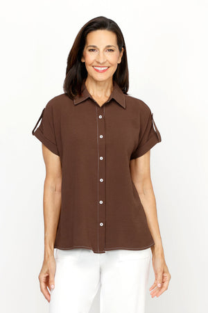 Top Ligne Airflow Contrast Stitch Short Sleeve Blouse in chocolate.  Pointed collar button down with rolled short sleeve and button tab detail.  Back yoke.  Gathered back. Relaxed fit._61184832242030