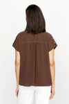 Top Ligne Airflow Contrast Stitch Short Sleeve Blouse in chocolate.  Pointed collar button down with rolled short sleeve and button tab detail.  Back yoke.  Gathered back. Relaxed fit._t_61184832274798
