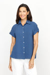 Top Ligne Airflow Contrast Stitch Short Sleeve Blouse in Indigo.  Pointed collar button down with rolled short sleeve and button tab detail.  Back yoke.  Gathered back. Relaxed fit._t_61184832307566
